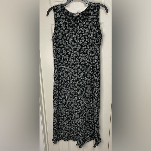 Rabbit Designs Black Green Floral Vintage Y2K Prairie Maxi Dress side slits 12P - Picture 1 of 6